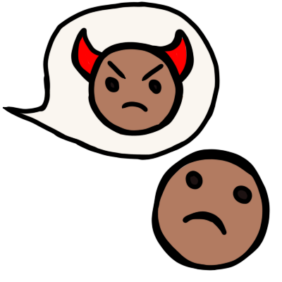 A person with light brown skin looking sadly up at a speech bubble coming from somewhere else. the speech bubble has a picture of them, but with added red horns and frowning, in it.